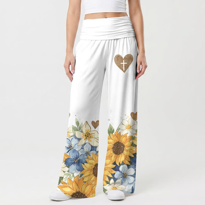 Christianartworkshop Pantaloni da donna a gamba larga con risvolto in vita e motivo girasole - US22,UK/AU26,EU54 - image 0