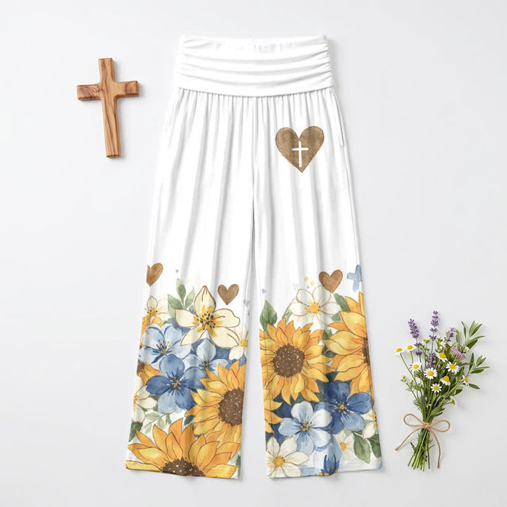 Christianartworkshop Pantaloni da donna a gamba larga con risvolto in vita e motivo girasole - image 2