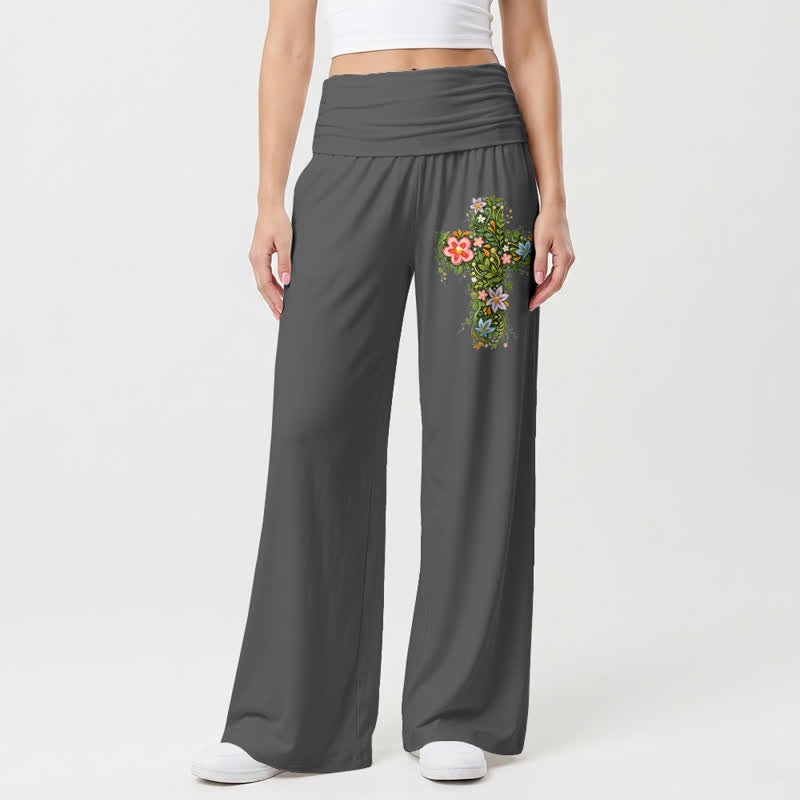 Christianartworkshop Pantaloni da donna a gamba larga con risvolto in vita e stampa floreale. - Grigio - US22,UK/AU26,EU54 - image 3