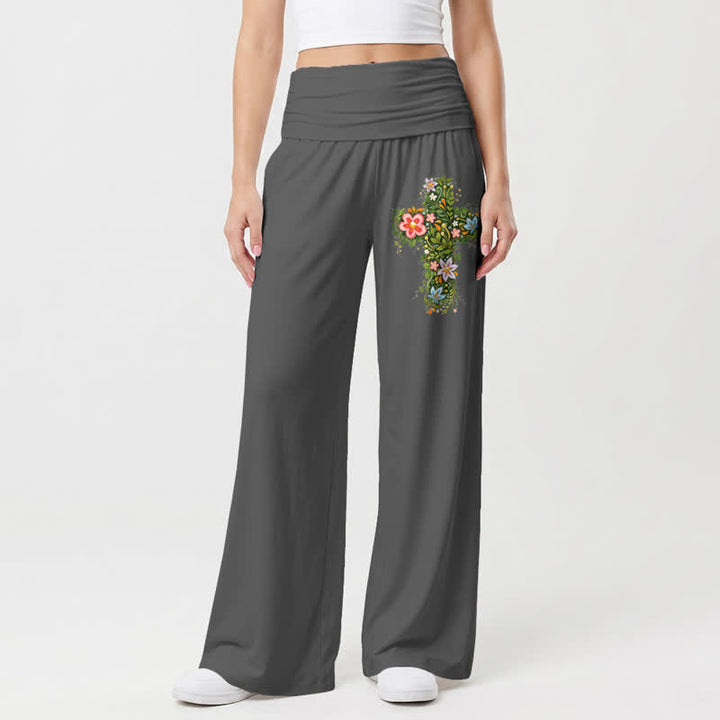 Christianartworkshop Pantaloni da donna a gamba larga con risvolto in vita e stampa floreale. - Grigio - US22,UK/AU26,EU54 - image 3