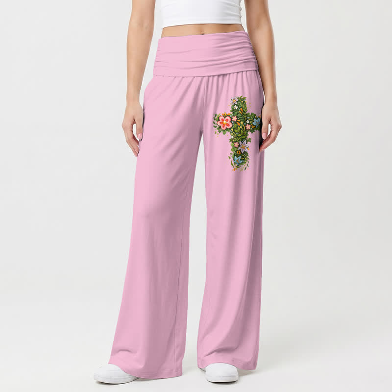 Christianartworkshop Pantaloni da donna a gamba larga con risvolto in vita e stampa floreale. - Rosa - US22,UK/AU26,EU54 - image 0