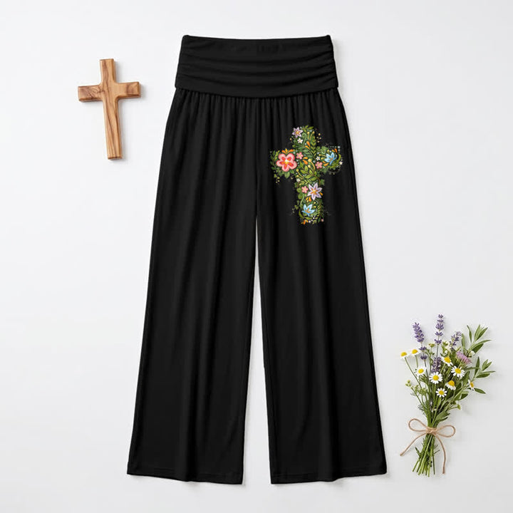 Christianartworkshop Pantaloni da donna a gamba larga con risvolto in vita e stampa floreale. - image 8
