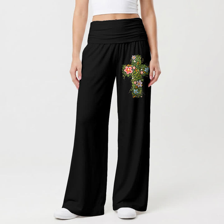 Christianartworkshop Pantaloni da donna a gamba larga con risvolto in vita e stampa floreale. - Nero - US22,UK/AU26,EU54 - image 6