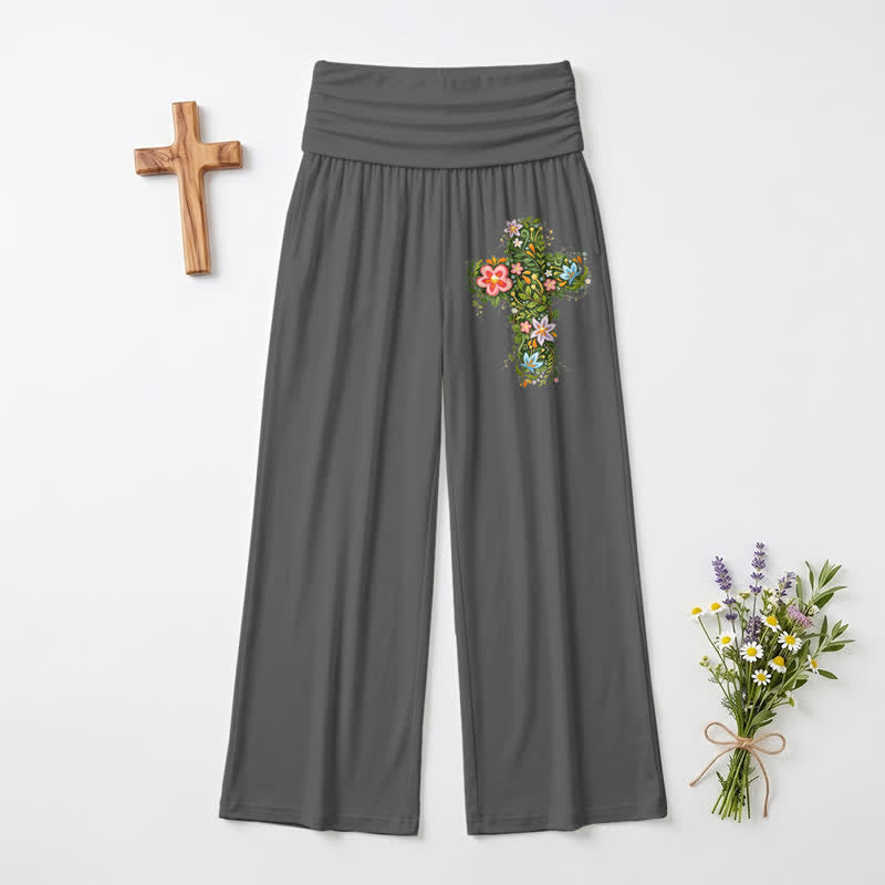 Christianartworkshop Pantaloni da donna a gamba larga con risvolto in vita e stampa floreale. - image 5
