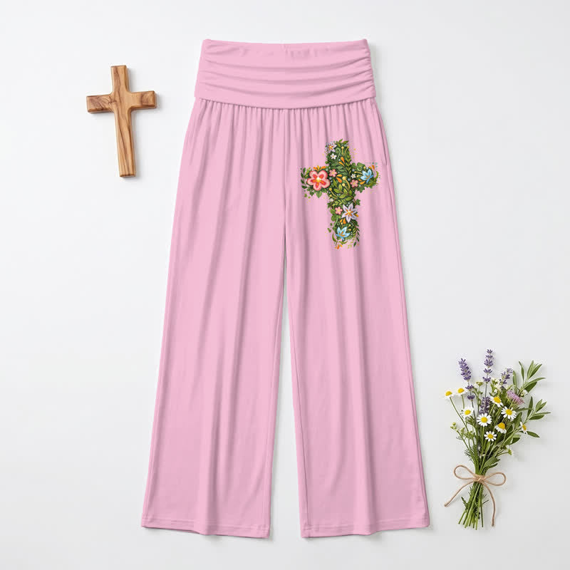 Christianartworkshop Pantaloni da donna a gamba larga con risvolto in vita e stampa floreale. - image 2