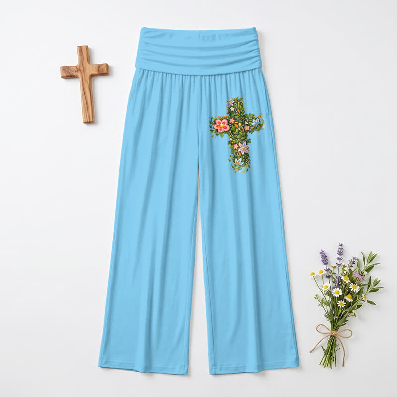 Christianartworkshop Pantaloni da donna a gamba larga con risvolto in vita e stampa floreale. - image 14