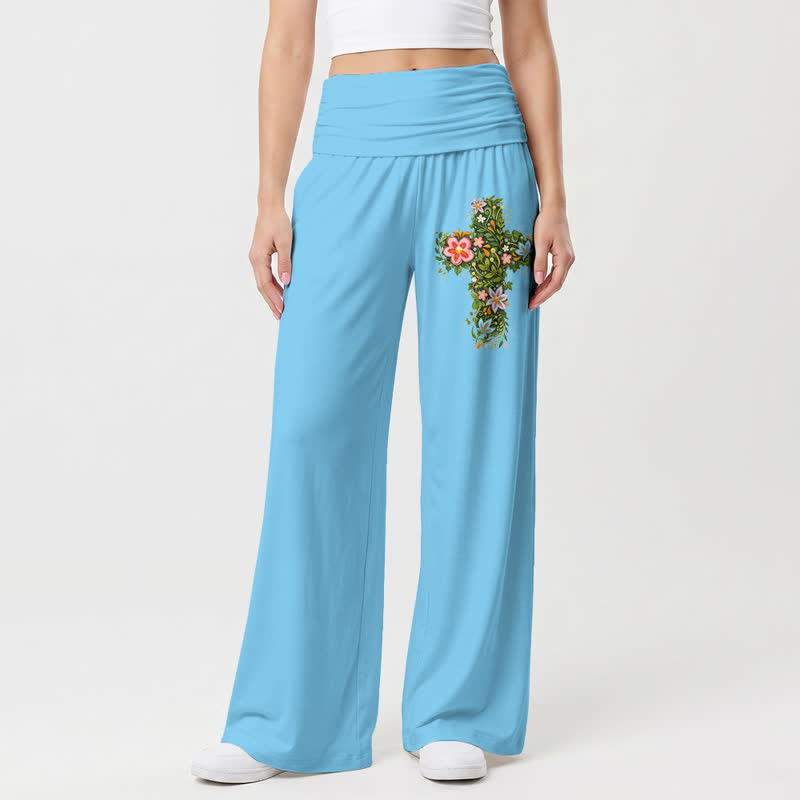 Christianartworkshop Pantaloni da donna a gamba larga con risvolto in vita e stampa floreale. - Blu - US22,UK/AU26,EU54 - image 12