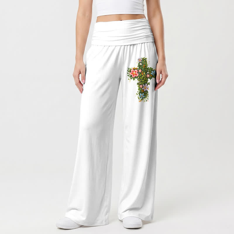 Christianartworkshop Pantaloni da donna a gamba larga con risvolto in vita e stampa floreale. - Bianco - US22,UK/AU26,EU54 - image 9