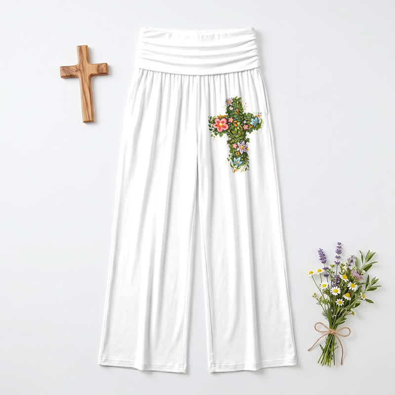 Christianartworkshop Pantaloni da donna a gamba larga con risvolto in vita e stampa floreale. - image 11