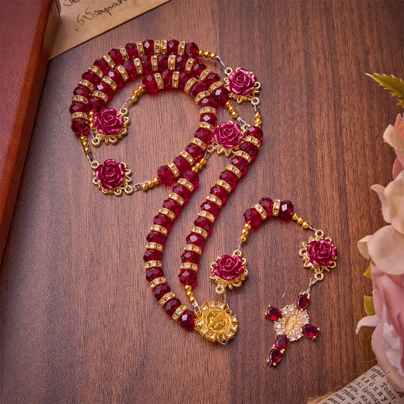 Christianartworkshop Rosario di San Benedetto con rose rosso cremisi: emblema della dolce grazia celeste. - image 2