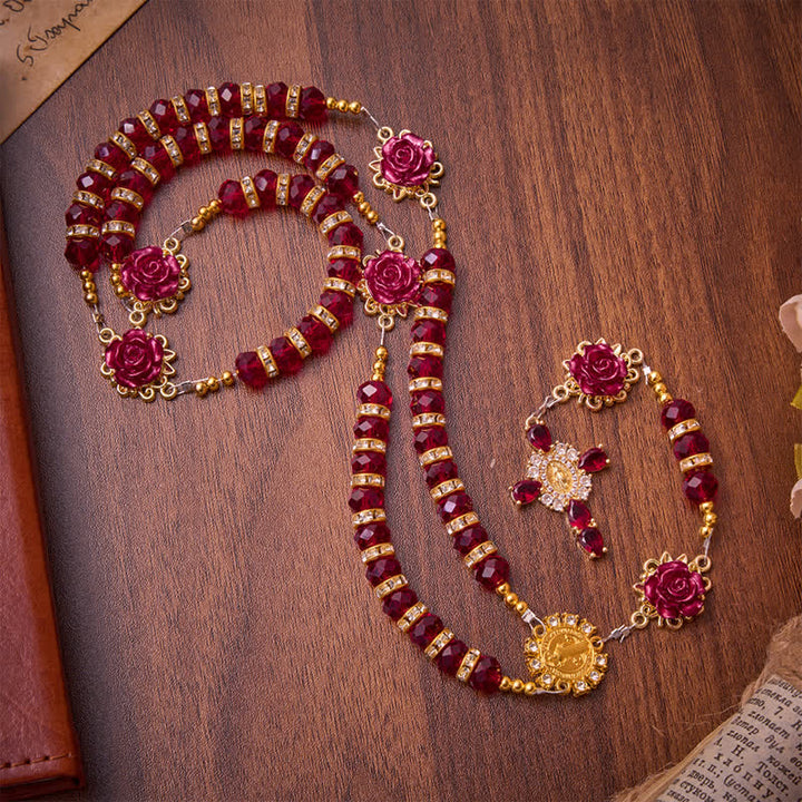 Christianartworkshop Rosario di San Benedetto con rose rosso cremisi: emblema della dolce grazia celeste. - image 3