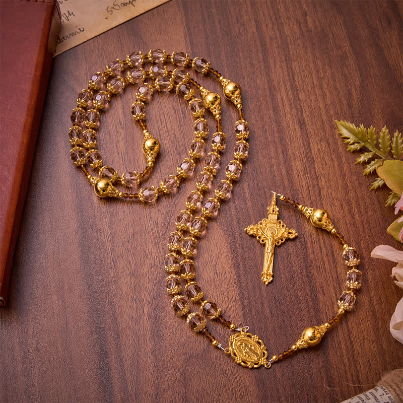 Christianartworkshop Rosario della Madonna sfaccettato color ambra tortora con crocifisso intagliato: un ricordo prezioso per le cerimonie più importanti della vita. - Rosario della Vergine Maria dello Champagne - image 0