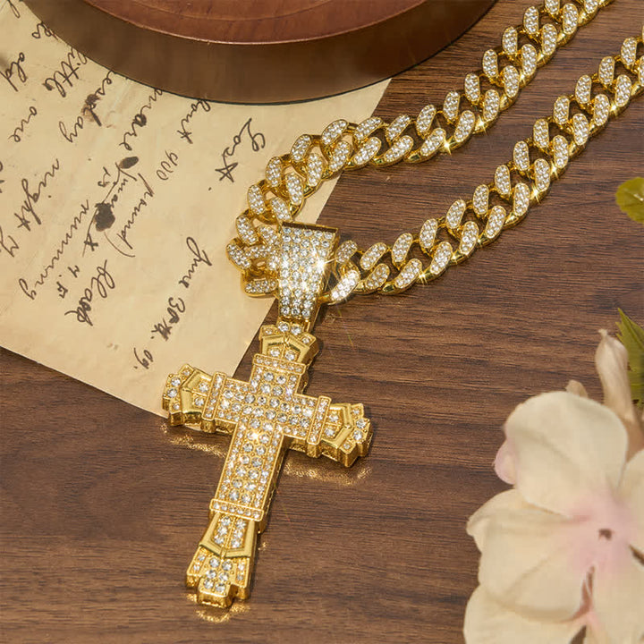Christianartworkshop Collana cubana con croce in lega sacra e diamanti: simbolo di calma e pace duratura - D'oro - 23,62''/60 cm - image 1
