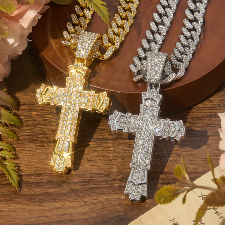 Christianartworkshop Collana cubana con croce in lega sacra e diamanti: simbolo di calma e pace duratura - image 0