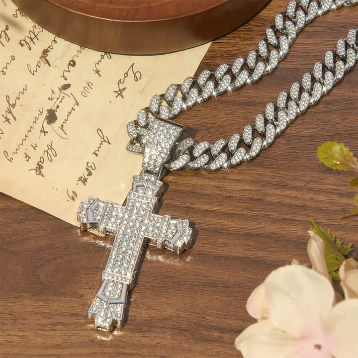 Christianartworkshop Collana cubana con croce in lega sacra e diamanti: simbolo di calma e pace duratura - Argento - 23,62''/60 cm - image 3