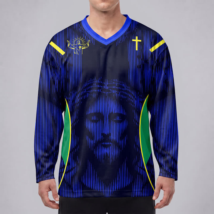 Christianartworkshop Maglia da hockey a maniche lunghe con scollo a V blu e ritratto di Gesù. - image 3