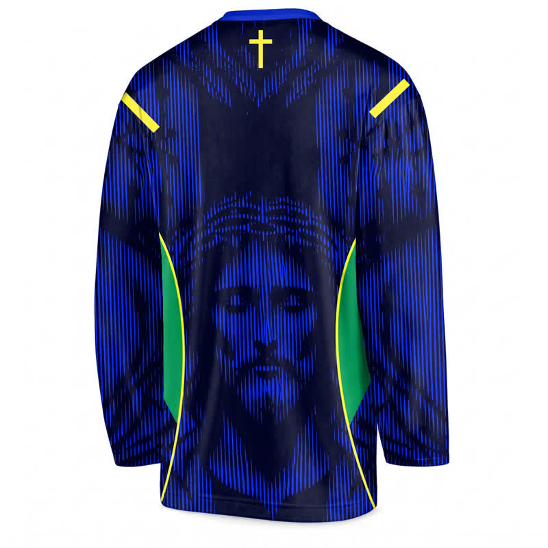 Christianartworkshop Maglia da hockey a maniche lunghe con scollo a V blu e ritratto di Gesù. - image 2