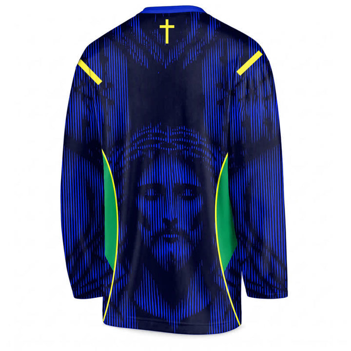 Christianartworkshop Maglia da hockey a maniche lunghe con scollo a V blu e ritratto di Gesù. - image 2