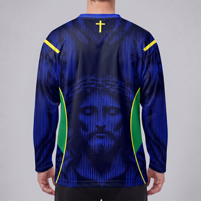 Christianartworkshop Maglia da hockey a maniche lunghe con scollo a V blu e ritratto di Gesù. - image 4