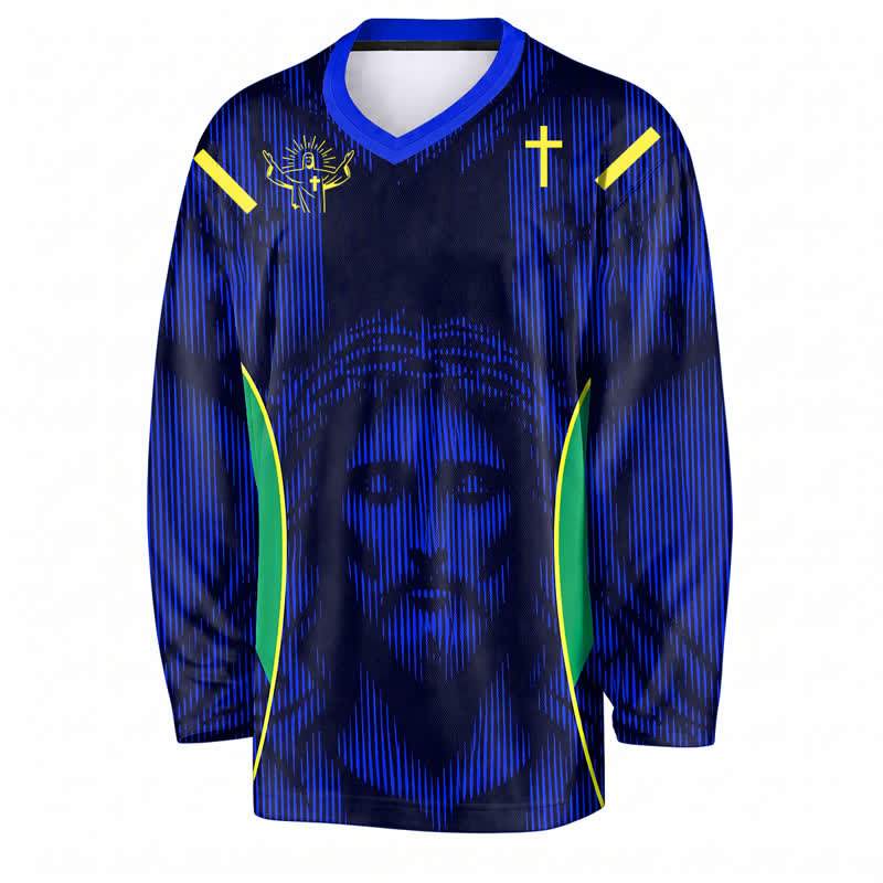 Christianartworkshop Maglia da hockey a maniche lunghe con scollo a V blu e ritratto di Gesù. - image 1
