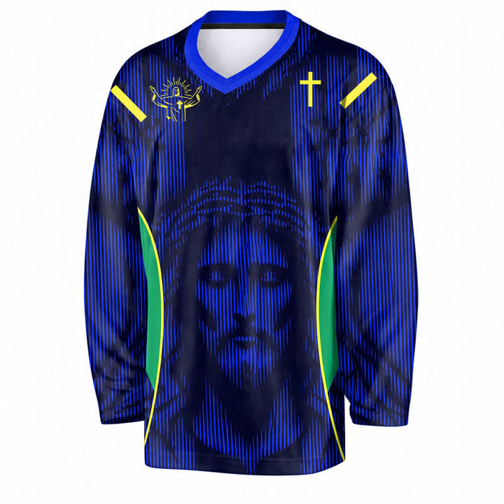 Christianartworkshop Maglia da hockey a maniche lunghe con scollo a V blu e ritratto di Gesù. - image 1
