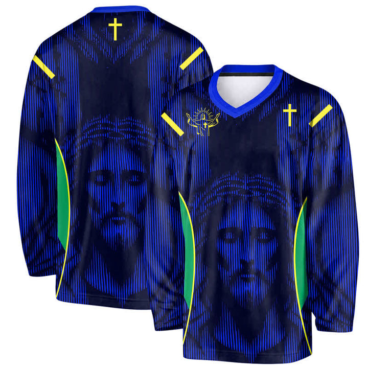 Christianartworkshop Maglia da hockey a maniche lunghe con scollo a V blu e ritratto di Gesù. - 5XL - image 0
