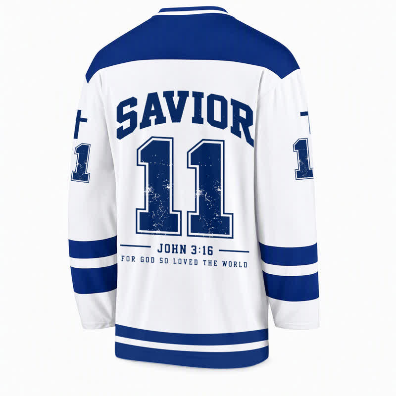 Christianartworkshop Maglia da hockey a maniche lunghe blu e bianca con Gesù e il Sacro Cuore, Salvatore Giovanni 3:16 - image 2