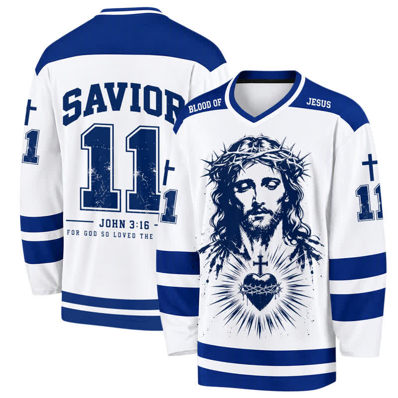 Christianartworkshop Maglia da hockey a maniche lunghe blu e bianca con Gesù e il Sacro Cuore, Salvatore Giovanni 3:16 - 5XL - image 0