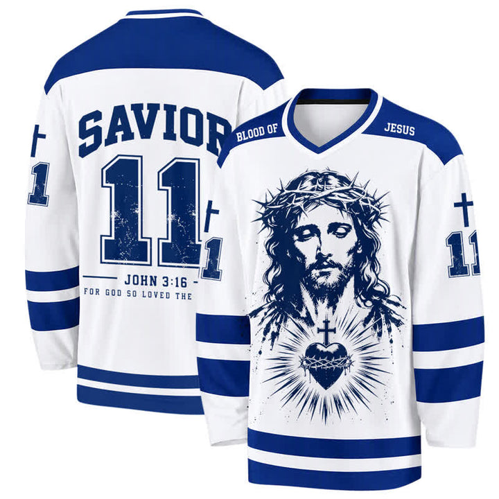 Christianartworkshop Maglia da hockey a maniche lunghe blu e bianca con Gesù e il Sacro Cuore, Salvatore Giovanni 3:16 - 5XL - image 0