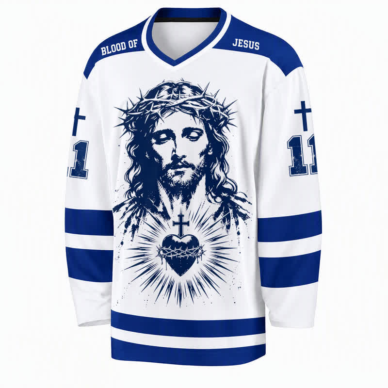 Christianartworkshop Maglia da hockey a maniche lunghe blu e bianca con Gesù e il Sacro Cuore, Salvatore Giovanni 3:16 - image 1