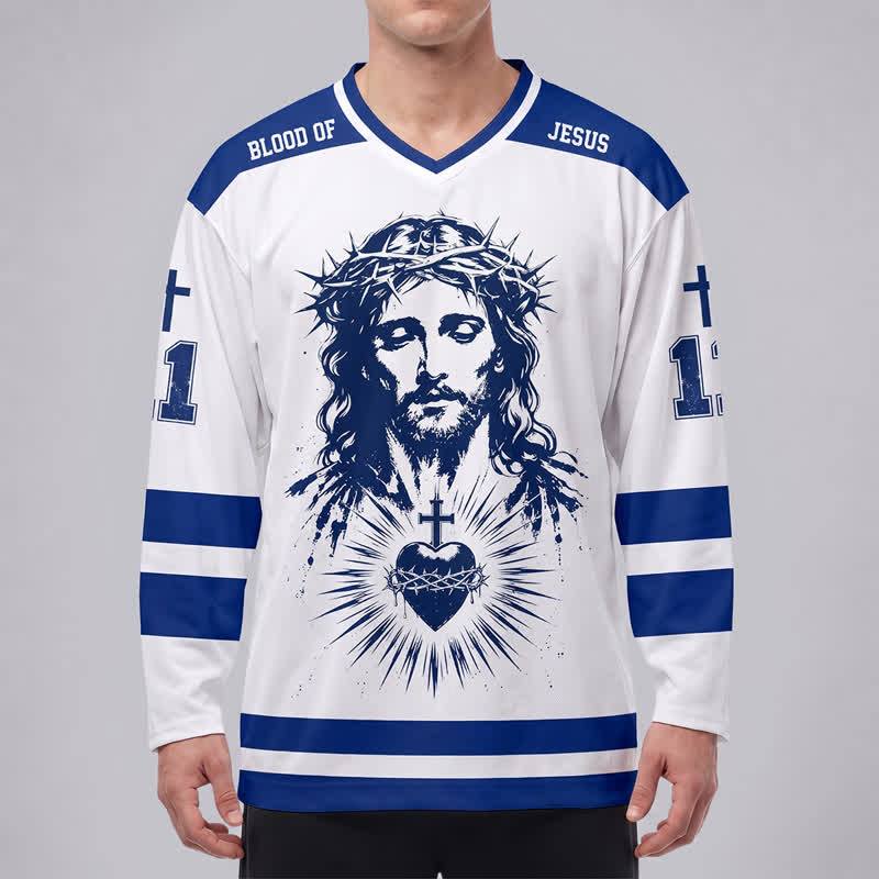 Christianartworkshop Maglia da hockey a maniche lunghe blu e bianca con Gesù e il Sacro Cuore, Salvatore Giovanni 3:16 - image 3