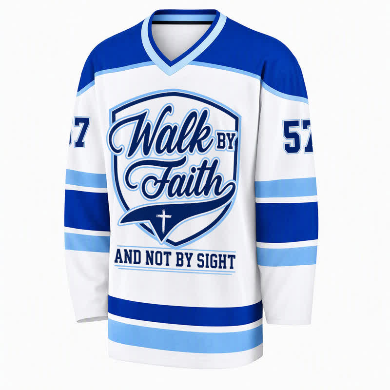 Christianartworkshop Maglia da hockey a maniche lunghe Walk By Faith a righe blu. - image 1
