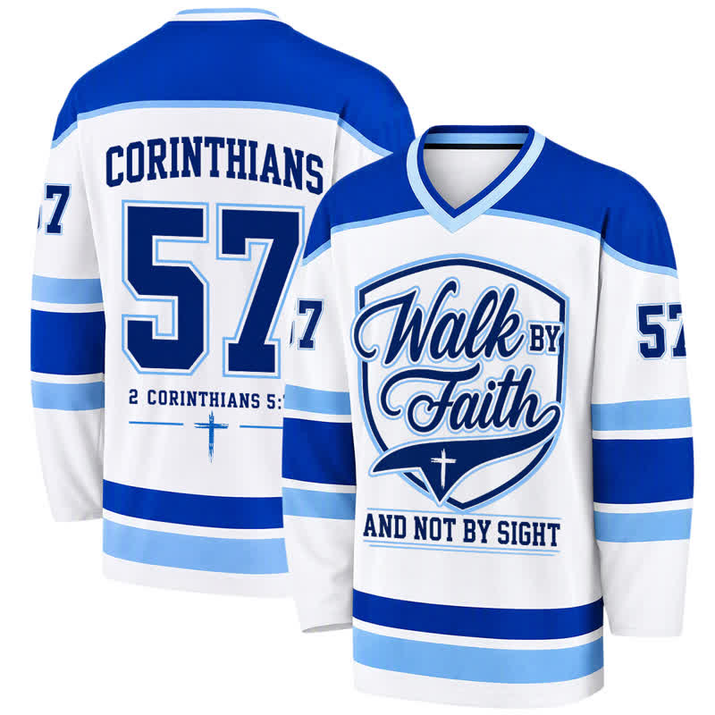 Christianartworkshop Maglia da hockey a maniche lunghe Walk By Faith a righe blu. - 5XL - image 0