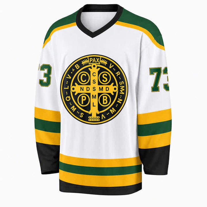 Christianartworkshop Maglia da hockey St. Benedict 73 con stemma bianco, verde e oro. - image 1