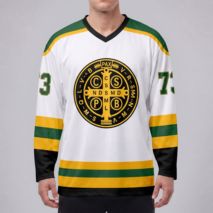 Christianartworkshop Maglia da hockey St. Benedict 73 con stemma bianco, verde e oro. - image 3