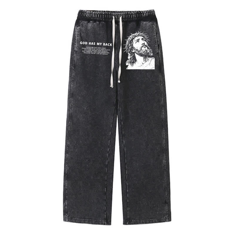 Christianartworkshop Dio mi sostiene - Pantaloni della tuta lavati con ritratto di Gesù - Nero - 2XL - image 0