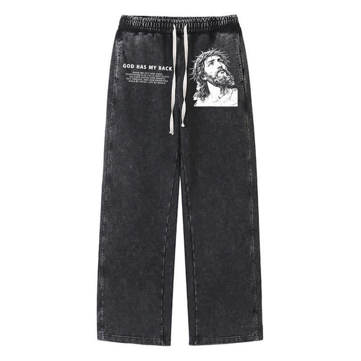Christianartworkshop Dio mi sostiene - Pantaloni della tuta lavati con ritratto di Gesù - Nero - 2XL - image 0