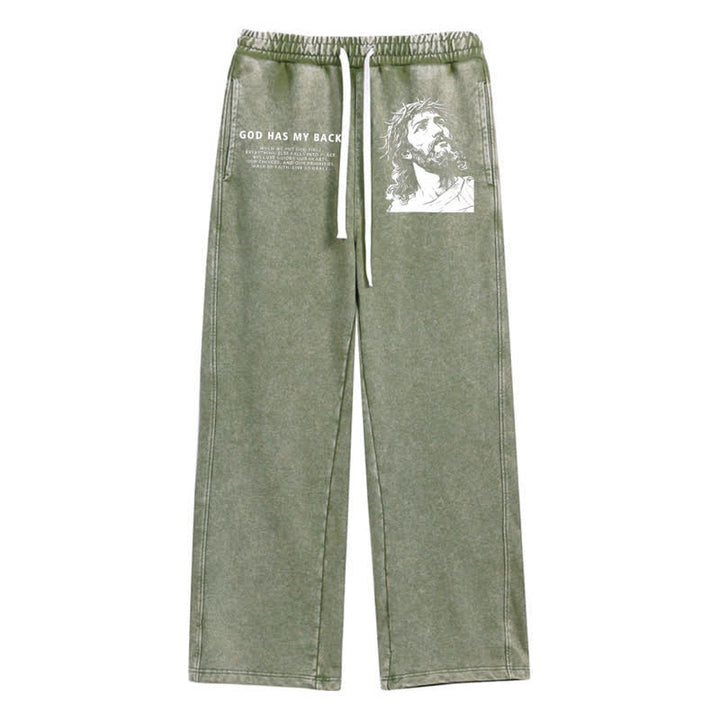 Christianartworkshop Dio mi sostiene - Pantaloni della tuta lavati con ritratto di Gesù - Verde militare - 2XL - image 16