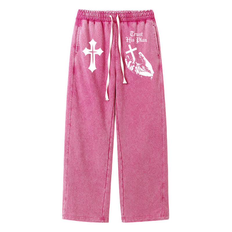 Christianartworkshop Pantaloni della tuta lavati con grafica a croce "Fidati del Suo Piano" - Rosa - 2XL - image 40