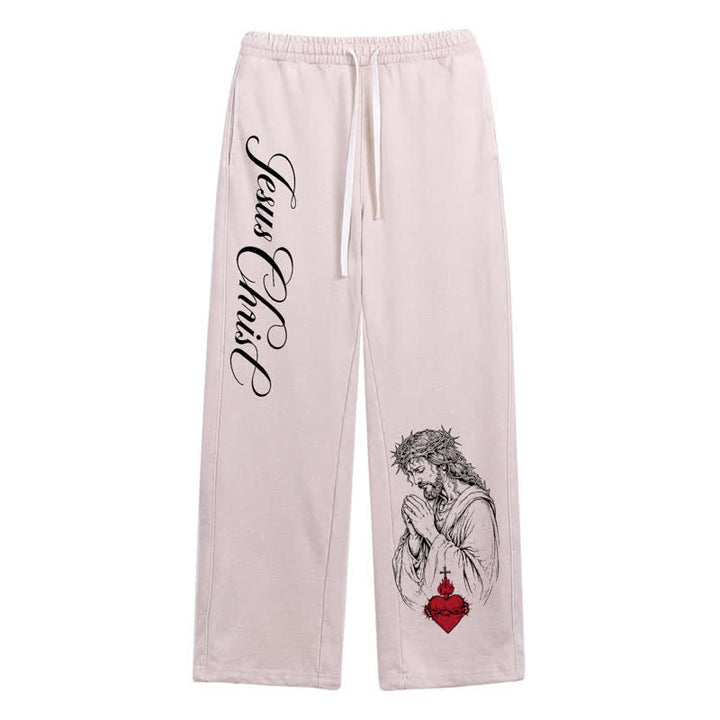 Christianartworkshop Pantaloni della tuta lavati con scritta "Sacro Cuore" di Gesù Cristo - Beige - 2XL - image 16