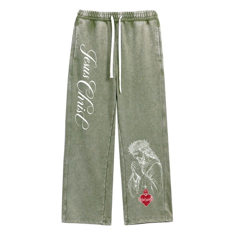 Christianartworkshop Pantaloni della tuta lavati con scritta "Sacro Cuore" di Gesù Cristo - Verde militare - 2XL - image 8