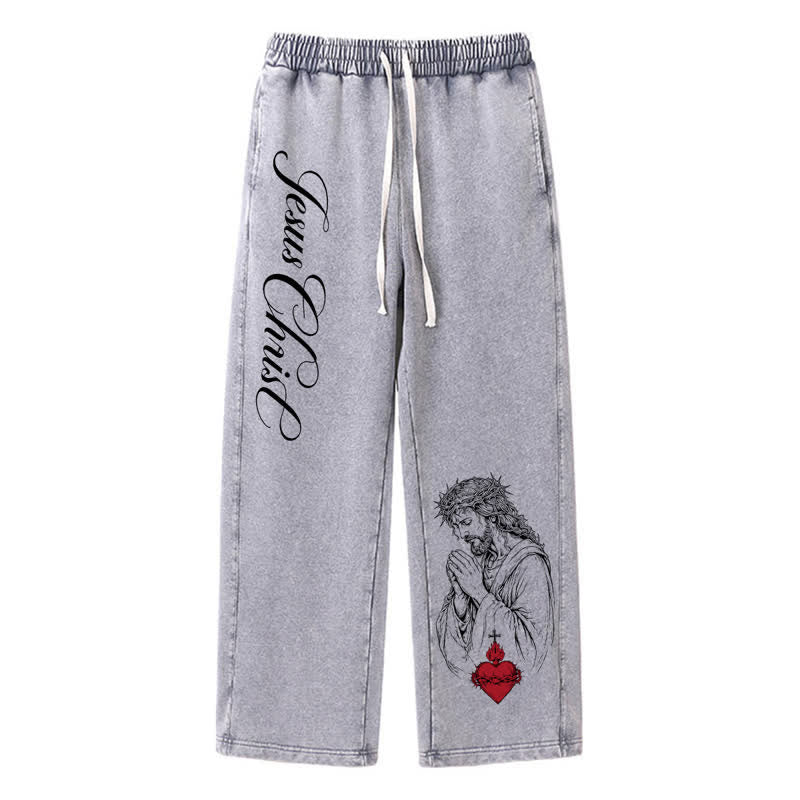Christianartworkshop Pantaloni della tuta lavati con scritta "Sacro Cuore" di Gesù Cristo - Grigio - 2XL - image 0