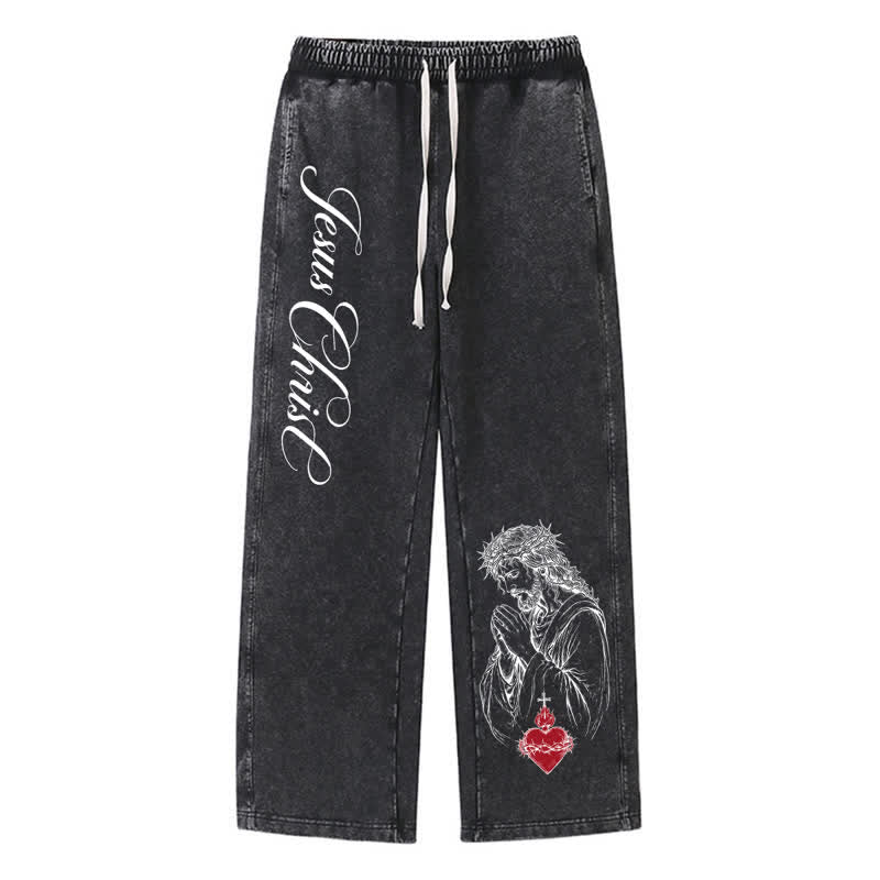 Christianartworkshop Pantaloni della tuta lavati con scritta "Sacro Cuore" di Gesù Cristo - Nero - 2XL - image 24