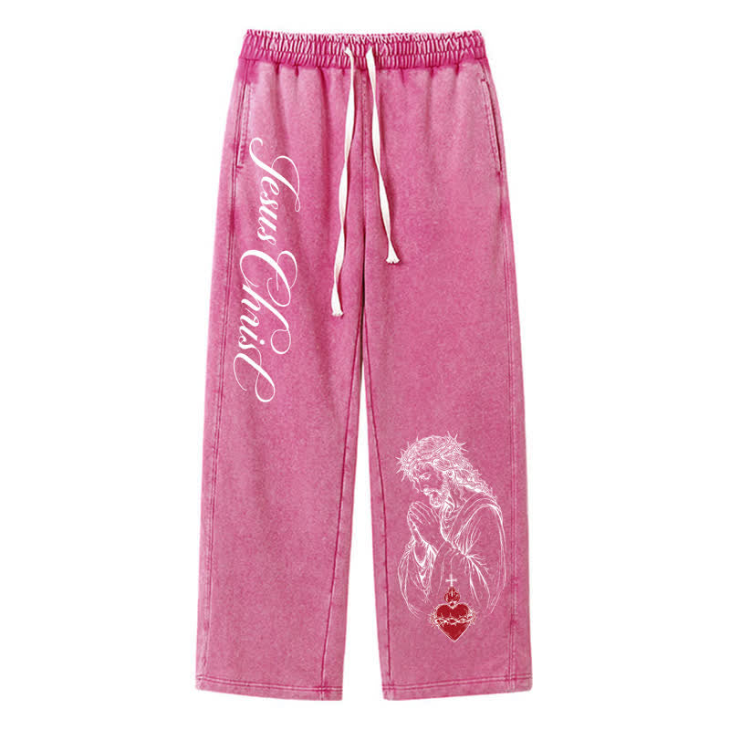 Christianartworkshop Pantaloni della tuta lavati con scritta "Sacro Cuore" di Gesù Cristo - Rosa - 2XL - image 32