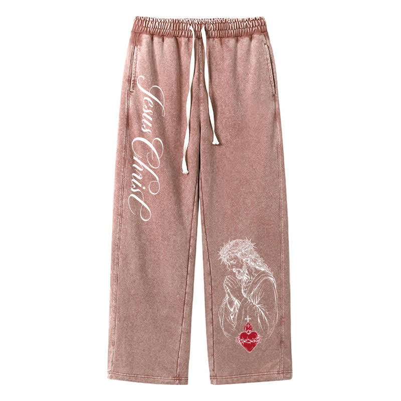 Christianartworkshop Pantaloni della tuta lavati con scritta "Sacro Cuore" di Gesù Cristo - Marrone - 2XL - image 40