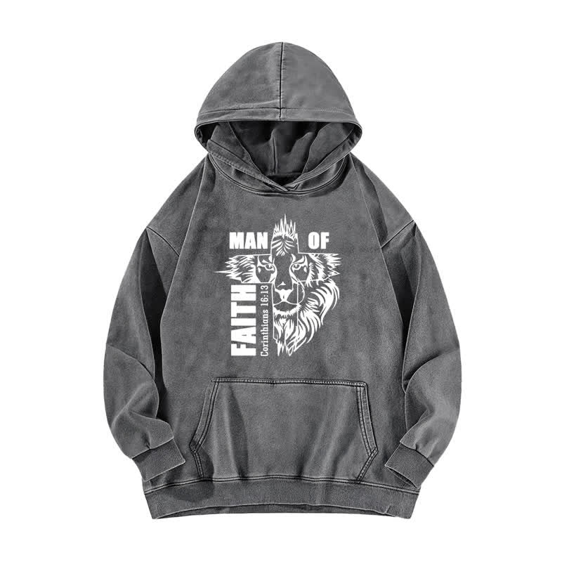 Christianartworkshop Felpa con cappuccio vintage lavata con grafica del leone "Man Of Faith" - Grigio - 5XL - image 1