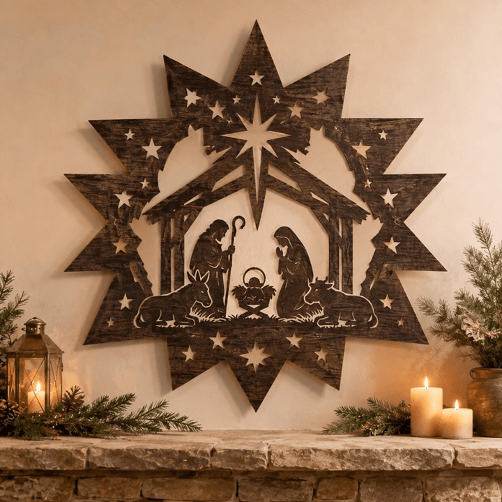 Christianartworkshop Decorazione murale in metallo con presepe a forma di stella: emblema della luce celeste che guida. - image 0