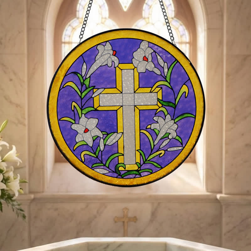 Christianartworkshop Acchiappasole in vetro con croce e giglio circolare incorniciata: simbolo di pacifica speranza divina. - Viola - image 3