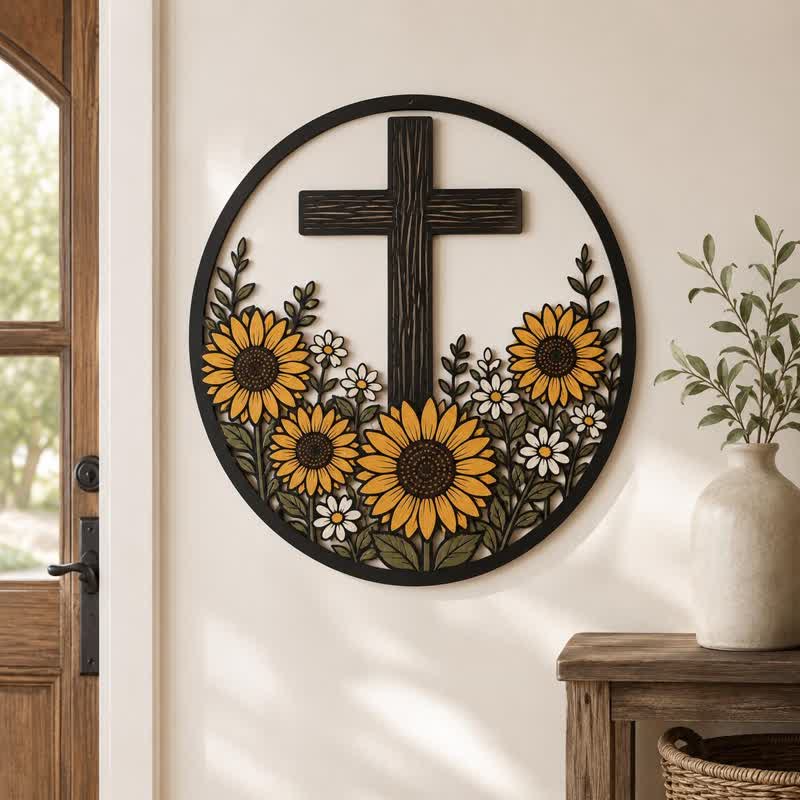 Christianartworkshop Decorazione in metallo a forma di croce con girasoli: simbolo di pacifica luce divina. - image 0