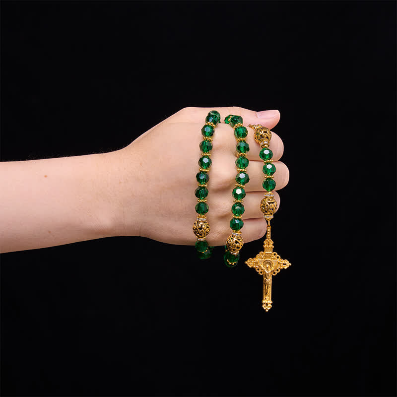 Christianartworkshop Rosario di San Giuda con perle sfaccettate verde smeraldo: emblema della dolce grazia celeste. - image 1